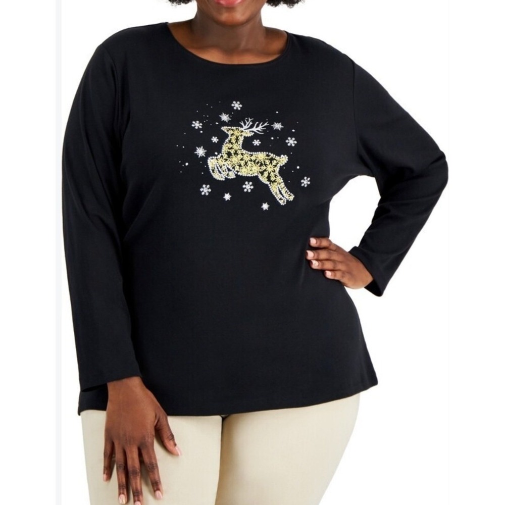 Karen Scott Womens 3X Black Reindeer Snowflake Embellished Long Sleeve Top EUC